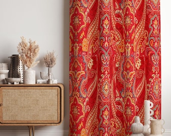 Crimson Paisley Curtain Panel: Boteh Medallion Floral Print, Blackout Option