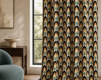 May include: A floor-length curtain featuring a repeating geometric pattern of stylized, overlapping leaf shapes in shades of black, mustard yellow, cream, and teal. The fabric hangs in vertical folds, creating a consistent, rhythmic visual texture.