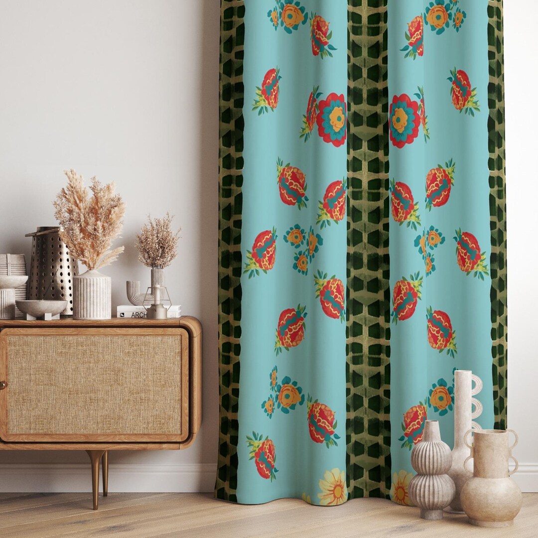 Aqua Floral Curtain: Pomegranate Rosette Print, Boho Folk Style Custom ...