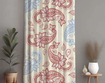 Red Blue Paisley Curtain Panel, Boho Room Darkening Drapes