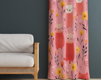 Panneau de rideau rose floral chat - rideaux de fenêtre chaton, dimension personnalisée