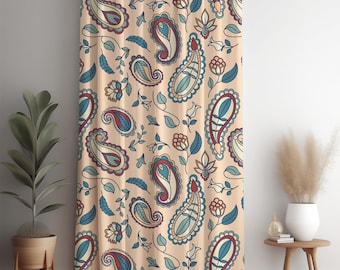 Teal Blue Paisley Curtain Panel: Boho Floral Print Drapery