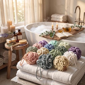 May include: A collection of round, crocheted bath sponges in various pastel and muted colors, including pink, blue, green, yellow, and white. Each sponge features a textured, ruffled surface and a small loop for hanging, arranged on folded white towels.