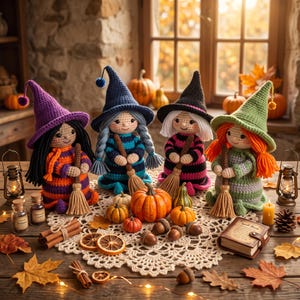 May include: Four crocheted dolls dressed as witches, each wearing a pointed hat and holding a small broom. The dolls feature yarn hair in black, blue, white, and orange, and are surrounded by miniature pumpkins, acorns, cinnamon sticks, and a small book.