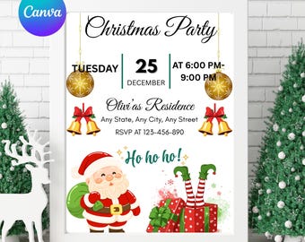 Christmas Party Invitation Template, Editable Digital Download, Santa Claus Invite, Holiday Dinner Party Card.
