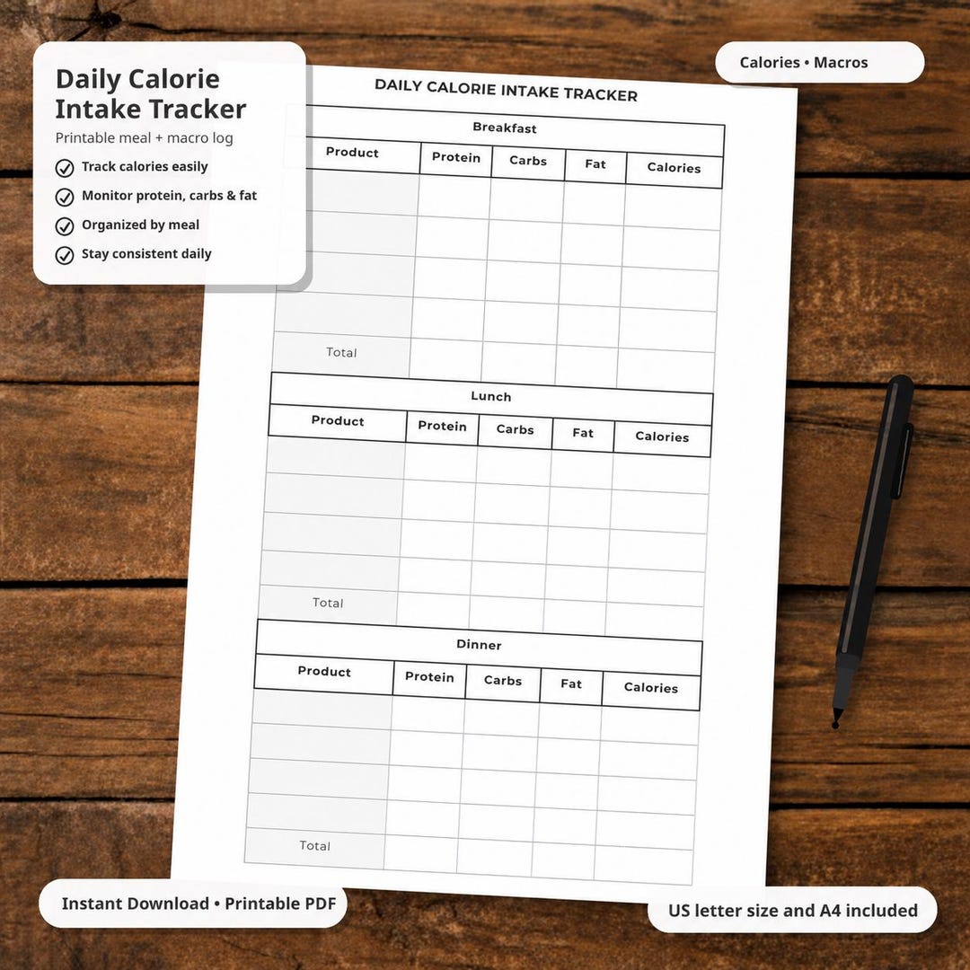 Daily Calorie Intake Tracker Printable: Weight Loss, Macros Log (US ...