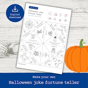May include: A printable paper Halloween joke fortune teller sheet featuring black and white line art illustrations of ghosts, bats, pumpkins, and a witch. The page includes instructions, numbered sections, and various Halloween-themed jokes.