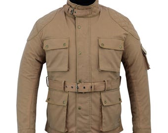 Warrior Men's NEW Classic Motorcycle Waxed Cotton CE Armour WP Breathable Biker Jacket-Tan
