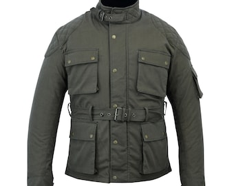 Warrior Men's NEW Classic Motorcycle Waxed Cotton CE Armour WP Breathable Biker Jacket-Military Green