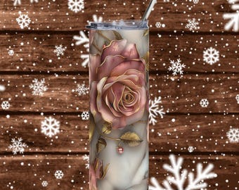 Vintage Pink Rose with Gold Leaves Tumbler | Stainless Steel 20oz