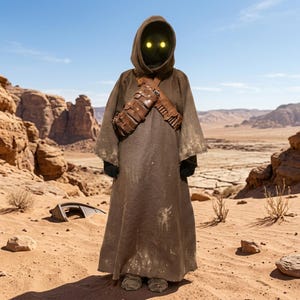 Puede incluir: Un disfraz de túnica con capucha marrón con una bandolera de cuero, en un paisaje desértico. La capucha oscurece la cara, con ojos amarillos brillantes visibles. El disfraz es de un personaje de una película de ciencia ficción.