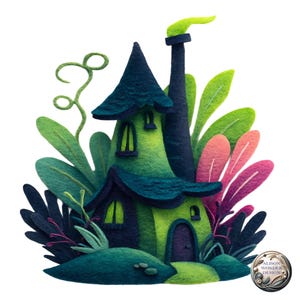 Bundel met clipart van een scheve heksenhut 01 | Grillige 3D-kunst van wolvilt | Surrealistische miniatuurtuin voor Halloween PNG, digitale scrapbooking Junk Hournal