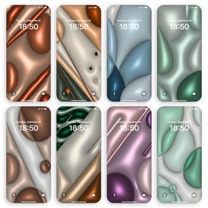 May include: Eight smartphone screens displaying abstract digital art wallpapers. Each features a unique design with flowing, 3D-like shapes in various color palettes, including copper, teal, and lavender. The time, 18:50, and date are displayed at the top.