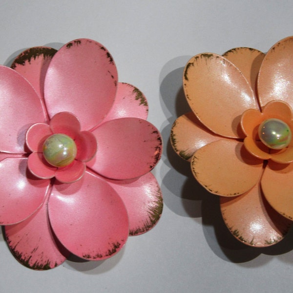 Vintage Pink and Peach Twin Metal Flower Brooches