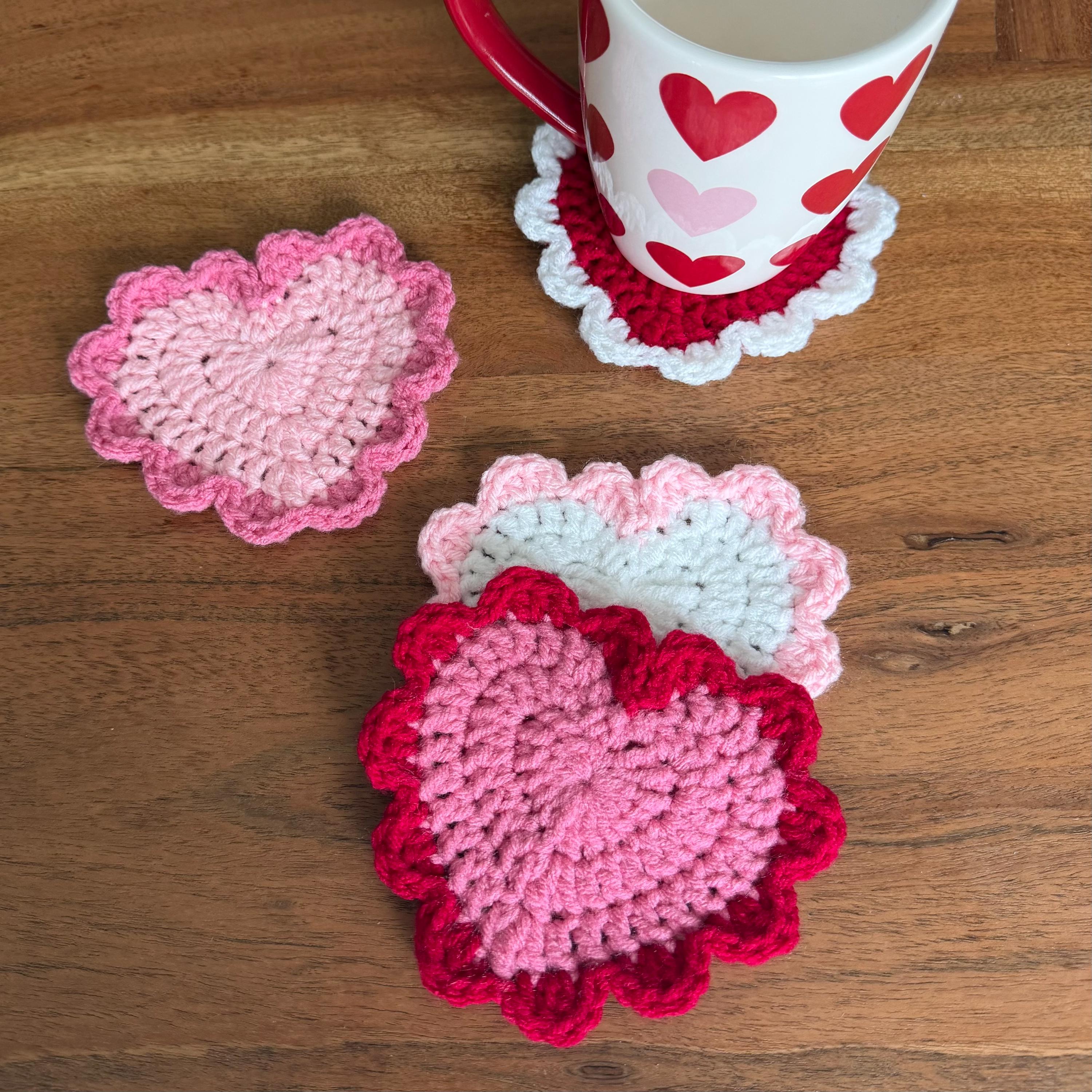Crocheted Ruffle Heart Coasters Set of 4 – Handmade Valentine Drink ...