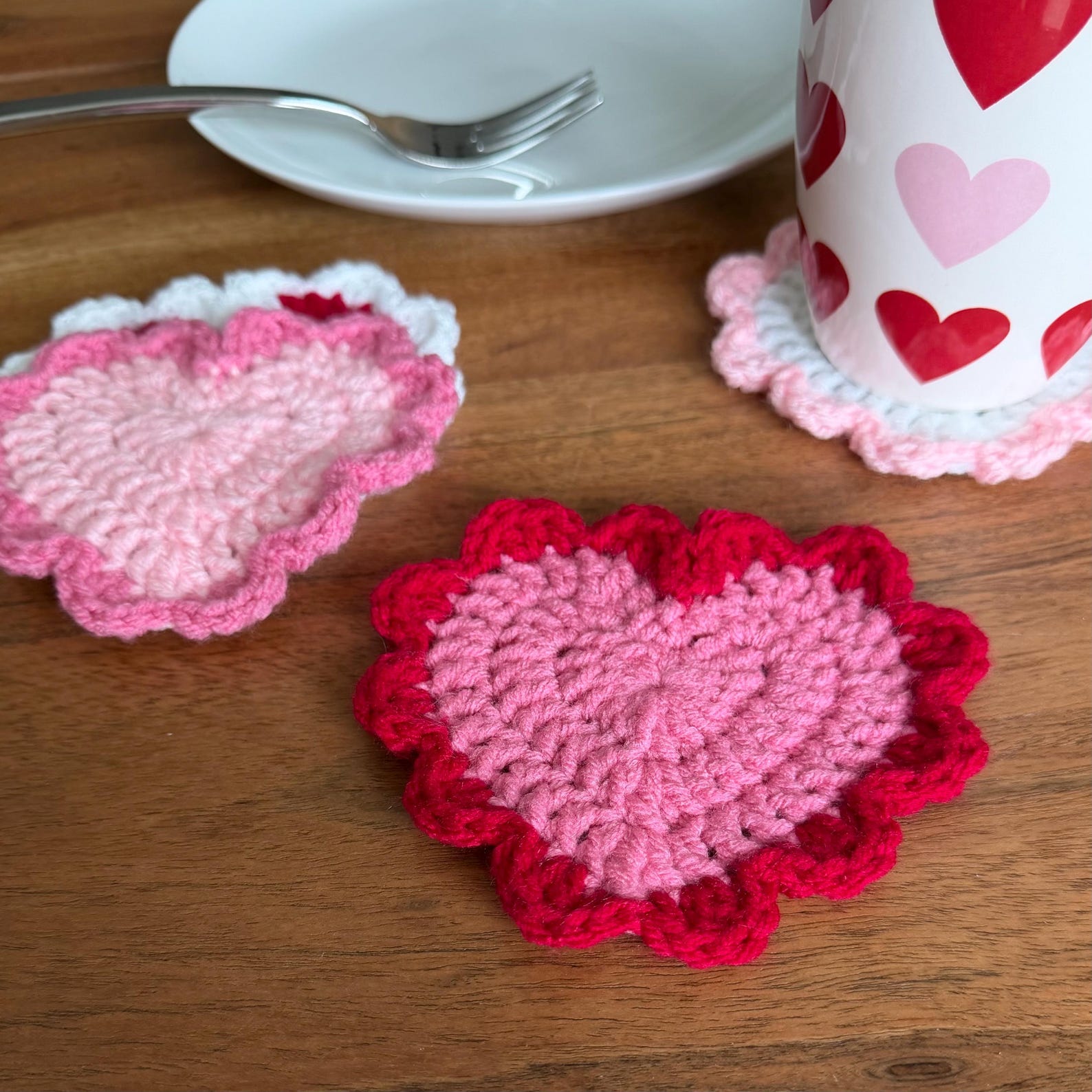 Crocheted Ruffle Heart Coasters Set of 4 – Handmade Valentine Drink ...