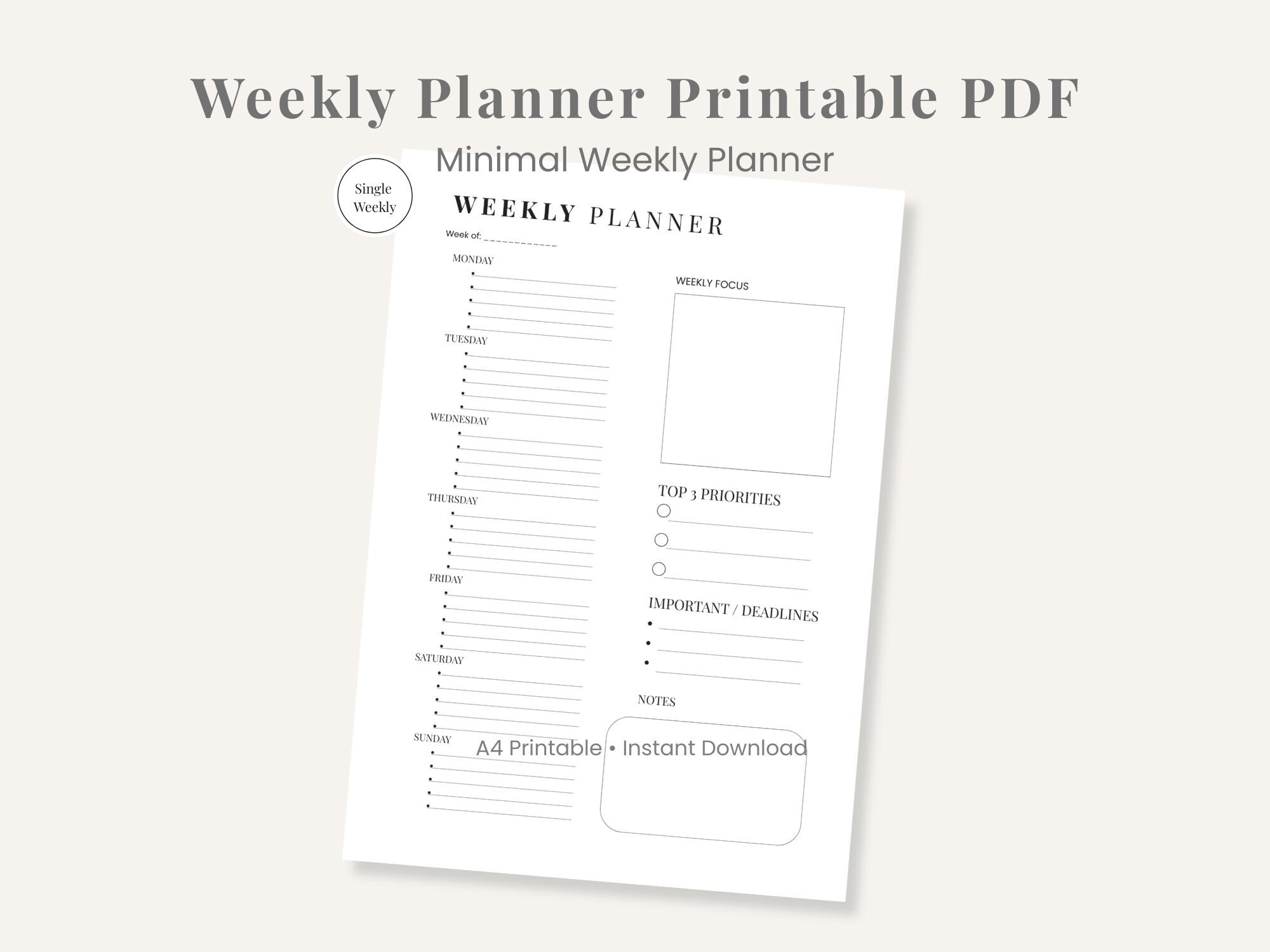 Weekly Planner Printable PDF | Minimal Weekly Schedule Template for ...