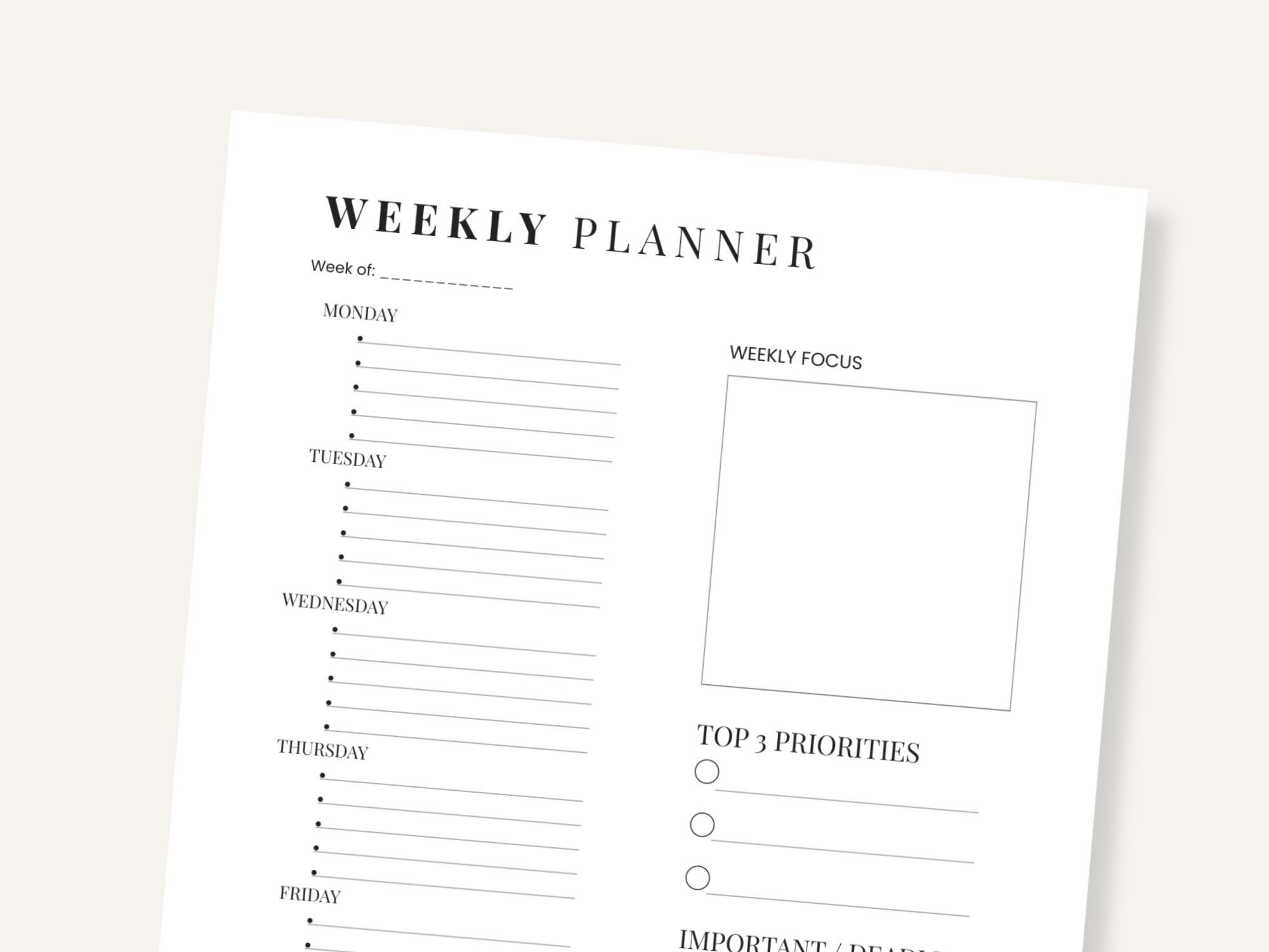 Weekly Planner Printable PDF | Minimal Weekly Schedule Template for ...