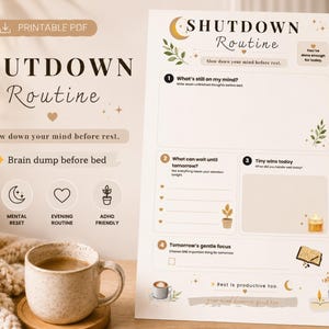 May include: A printable PDF shutdown routine planner with the text "Shutdown Routine" and "Slow down your mind before rest." Includes sections for mental reset, evening routine, and ADHD friendly practices. A cup of coffee and a candle are also in the image.