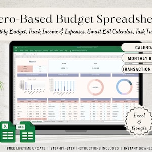 Puede incluir: Una pantalla de portátil muestra una hoja de cálculo de presupuesto de base cero. La hoja de cálculo incluye secciones para presupuestos mensuales, ingresos, gastos y un calendario de facturas inteligente. También se muestra el texto "Zero-Based Budget Spreadsheet".