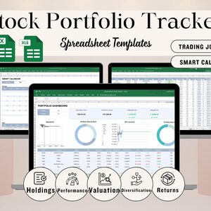 Peut inclure: Trois ordinateurs portables affichent un suivi de portefeuille boursier avec le texte "Stock Portfolio Tracker Spreadsheet Templates". L'image comprend des icônes et les mots "Trading Journal" et "Smart Calendar". Le tableau de bord affiche des visualisations de données.