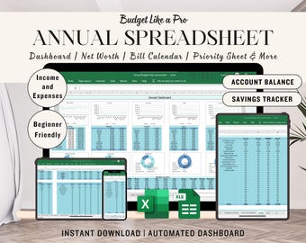 Annual Budget Spreadsheet: Excel & Google Sheets Template (Digital Download)