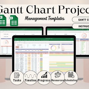 May include: Three laptops displaying Gantt chart project management templates. The text "Gantt Chart Project" and "Management Templates" are at the top. Icons for tasks, timeline, progress, resources, and scheduling are at the bottom.