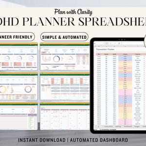 May include: An ADHD planner spreadsheet with a clean, organized layout. The image displays several spreadsheet views, including a transaction tracker and net worth overview. Text on the image includes "Plan with Clarity," "Beginner Friendly," and "Simple & Automated."