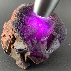 Puede incluir: Primer plano de un espécimen mineral de fluorita. La fluorita es de color púrpura intenso, iluminada por una fuente de luz. La matriz circundante es una mezcla de tonos marrones y grises, con una apariencia rugosa y texturizada. El mineral se muestra sobre un fondo oscuro.