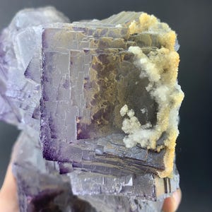 Puede incluir: Primer plano de un espécimen mineral de fluorita. La fluorita presenta una estructura en forma de cubo con secciones moradas y claras. Los bordes de los cubos tienen un tono morado oscuro, con una formación mineral amarilla y blanca en el lateral.