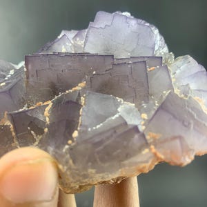 Puede incluir: Primer plano de un grupo de cristales de fluorita. El cristal presenta una estructura cúbica en capas con tonos morados y secciones claras. La base del cristal tiene una matriz rugosa de color marrón claro.