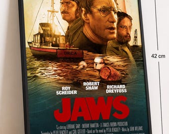 Jaws A3 Art Print | Hand Drawn Classic Movie Poster | Shark Film Wall Art | Spielberg Inspired Fan Art | Vintage Thriller Decor