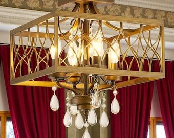 Crystal Semi Flush Mount Ceiling Light | 4-Light Bronze Farmhouse Chandelier for Bedroom, Kitchen, Hallway