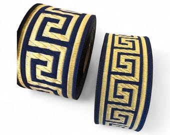 Greek Key Jacquard Trim: Navy Blue & Gold Woven Ribbon (10 Meters)