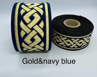 Celtic Knot Jacquard Trim Ribbon – Gold & Navy Blue Celtic Pattern