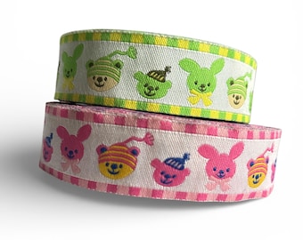 TrimsyStore Embroidered Baby Animal Ribbon Green or Pink 25 mm / 10 mt long