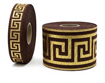 TrimsyStore Gold and Brown Jacquard Trim – Woven Decorative Ribbon for Sewing & Crafts