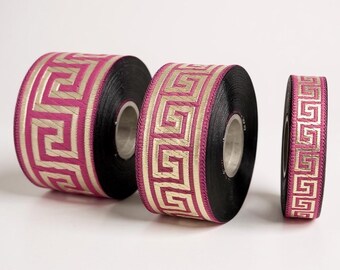 TrimsyStore Fuchsia Gold Greek Key Jacquard Ribbon: Woven Trim for Sewing Crafts (10 meters)