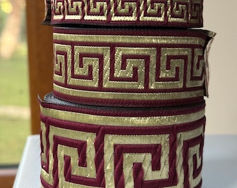 Burgundy and Gold Greek Key Jacquard Ribbon: Sewing Trim, DIY Crafts, 10 meters roll