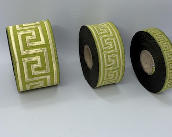 TrimsyStore Greek Key Jacquard Trim: Light Green and Gold Woven Ribbon (10 Meters rolls )