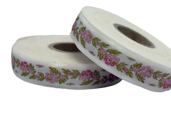 TrimsyStore 16 mm Pink Floral Jacquard Ribbon – White Woven Trim, 10 Meters | Sewing, Crafts