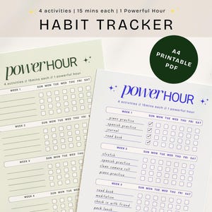 May include: Two printable habit trackers with the text "powerHour" and "HABIT TRACKER". The trackers are designed to monitor daily activities. One is light green, the other is white with blue text. Includes a green circle that says "A4 Printable PDF".