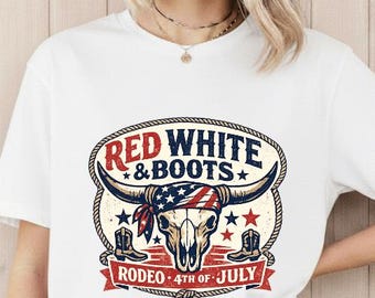 Red White Boots PNG, Patriotic Cowboy Bull Skull Rodeo (Digital Download)