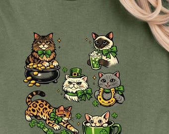 90s Tattoo Style Cats T-Shirt, St Patrick's Day Lucky Cats Tee