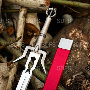 May include: A silver and white sword with a red sheath. The sword has a unique blade design with a cutout pattern. The handle is wrapped in a light-colored material. The sheath is a vibrant red with a silver cap.