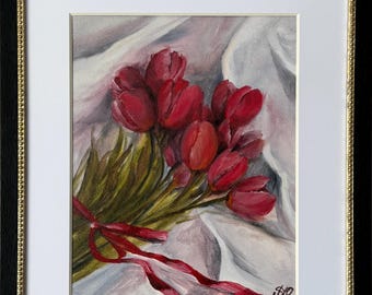 油絵 赤いチューリップ チューリップ交響曲 II - グリゴール・ヴェレフによるオリジナル油絵