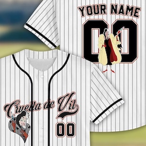 Make a bold statement with this Disney Cruella baseball jersey, inspired by the iconic villain Cruella de Vil. Featuring a classic pinstripe design and striking Cruella character artwork printed on the front, this jersey is fully personalized with a custom name and number on the back, creating a fierce and stylish fan look.