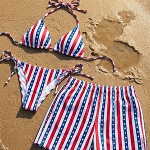 Patriotic American Flag Stars and Stripes Bikini & Swim Trunks, 4th of July Beachwear, USA Pride Summer Outfit