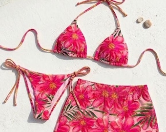 Matching Couple Swimwear Set, Pink Daisy Floral Bikini, Palm Leaf Trunks, Tropical Beachwear