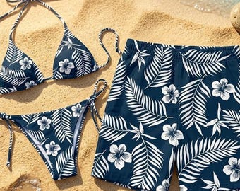 Marinblå blommiga bikini- och badbyxor, tropisk hibiskus strandkläder med jubileumsmönster
